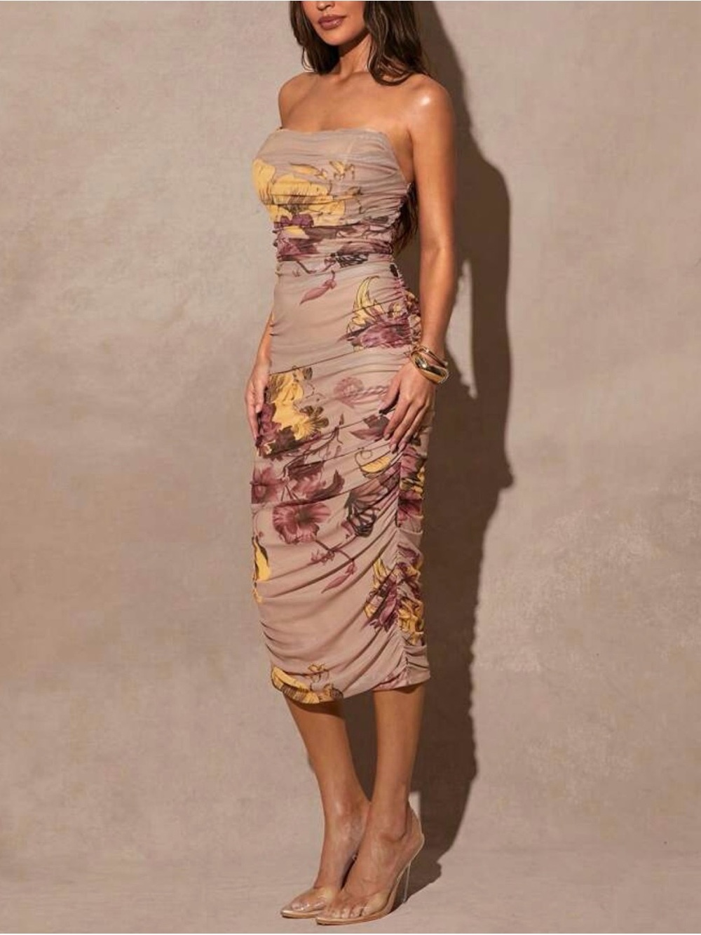 SHEIN Strapless Floral Ruched Maxi Dress - Pink, Yellow, Brown